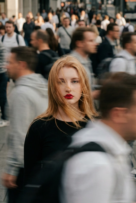   Кинематографичная фотография с эффектом смазанного движения, снятая на Leica SL3 с объективом 50mm Summilux при f/2.8, с фронтального ракурса на уровне груди, с использованием медленной выдержки и панорамирования. Ровный пасмурный дневной свет выступает как мягкий диффузор, позволяя создавать длинные шлейфы размытия без жёсткого контраста. Цветовая тональность — приглушённые бетонно-серые оттенки и нейтральные тона светлой кожи, вдохновлённые фильмами студии A24. Женщина с референса:  волосы застыли в полёте перед лицом, кожа с лёгким румянцем ловит тёплый свет, глаза пронзительно смотрят прямо в камеру, сохраняя неподвижность среди хаоса; губы подчеркнуты насыщенной вишнёво-красной помадой, создающей главный цветовой акцент, на ней сдержанный минималистичный образ. Сотни спешащих прохожих проносятся во всех направлениях, их тела вытянуты в плавные горизонтальные и диагональные размытия. Эмоция — тихий бунт через неподвижность. Эстетика — редакционный покой против хаоса. Постобработка: чистая физика движения, тонкое зерно, без глитчей, без искажений лица и деформаций анатомии. --ar 9:16 -- raw