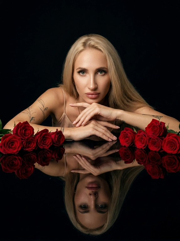 Студийный портрет женщины. Обстановка минималистичная: черный, глянцевый стол, отражающий человека и объекты на нем. Стиль фото - гламурная съемка с акцентом на красоту. Атмосфера спокойная и немного загадочная. Цветовая гамма - сочетание глубокого черного фона, красных роз и телесных оттенков кожи.

Женщина лежит на столе, опираясь на предплечья. Руки сложены, как будто она придерживает голову. На ней надет топ или платье с тонкими бретельками телесного цвета. На столе, вдоль рук человека, лежат красные розы. Они расположены таким образом, чтобы создавать симметричную композицию. Отражение в столе дублирует изображение человека и роз, усиливая эффект глубины и симметрии. Свет мягкий, рассеянный, акцентирует внимание на лице и розах, создавая игру света и теней.