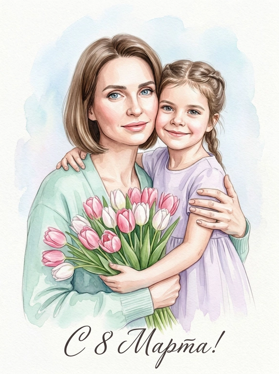 Создай Акварельный портрет к 8 Марта со всеми людьми из предоставленных фотографий. Стиль — мягкая современная живописная иллюстрация, с ощущением тепла, света и искренности. Все люди размещены в центре композиции, средний план, акцент на эмоциях и взаимодействии. Фон — светлый, минималистичный, выполненный в мягкой акварельной или живописной технике с нежными голубыми и белыми разводами. Лица сохранить максимально похожими на оригинальные фотографии, без изменения черт лица, возраста и эмоций, реалистичное сходство с аккуратной художественной стилизацией без искажений. Одежда — лёгкая, современная, в нежных пастельных тонах. В руках у одного из персонажей — большой букет свежих розовых и белых тюльпанов. Главный акцент — на людях, их близости и тёплом взаимодействии. Цветовая палитра светлая, весенняя, пастельная, мягкое естественное освещение. Атмосфера нежности, любви и семейного тепла. Внизу добавить изящную рукописную надпись. 

Какая будет надпись?: Текст снизу: "С 8 Марта!"