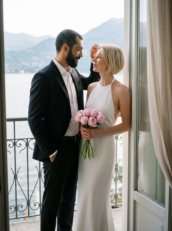 Фотореалистичный bridal editorial, полный рост. Пара стоит на узком балконе у открытой стеклянной двери. Мужчина слева, корпус в 3/4 вправо к женщине, одна рука в кармане брюк, другой рукой мягко касается её волос у лба, голова чуть наклонена к ней, взгляд на женщину, лёгкая нежная улыбка. Женщина справа, стоит очень близко, корпус в 3/4 влево, голова поднята к мужчине, взгляд снизу вверх на его лицо. В обеих руках прижат к животу маленький аккуратный букет из 11 этих цветов: бутоны цветов собраны плотно, стебли строго вниз, букет вертикальный, не у бедра, не у груди. Мужчина в чёрном костюме и белой рубашке без галстука. Женщина в длинном белом платье-халтер с открытой спиной. Фон: кованые перила, озеро, горы, светлые шторы. Мягкий естественный дневной свет, 50mm, лёгкое зерно.

Из каких цветов будет букет невесты?: Нежно розовые пионы

Доп. характеристики: Высококачественное рекламное фото для премиального велнес-бренда. Портрет по пояс красивой женщины 35-40 лет (использовать лицо и прическу каре с исходного фото). Оставить длину волос как на оригинальном фото.