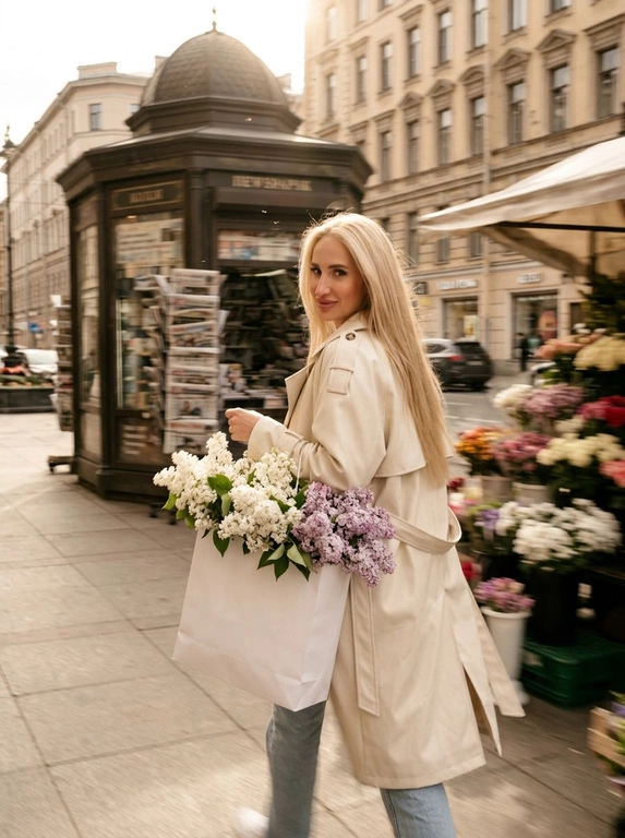 Создай фото, не меняя черты лица и цвет волос. Фотореалистичный уличный кадр, высокая детализация. Фон — старый киоск с газетами, здания, цветочные киоски. Кинематографический эффект с добавлением плёночного зерна, фото на камеру Kodak. Освещение — карамельные оттенки, тёплые солнечные лучи; лёгкая пыльца отражается в лучах света. Весенний день. Модель повернута чуть спиной к камере, с лёгким поворотом головы в сторону камеры, без искажений её черт лица; взгляд на букет кокетливый. На руке у неё висит белый бумажный пакет; из пакета выглядывают пышные соцветия белой и сиреневой сирени — их много, очень объёмные шапочки. Одежда — элегантное оверсайз-пальто кремового цвета со спущенным плечом и лацканами на плечах и рукавах, светло-голубые джинсы и белая облегающая майка. Ракурс — уровень улицы, чуть заниженный угол, чтобы подчеркнуть масштаб фотографии. Фото в движении: намеренное смазывание волос для ощущения динамики. Эффект движения максимальный — сверхдлинная выдержка, экстремальный motion blur, сильное смазывание. Макияж — длинные ресницы, нюдовые губы, контуринг, чёрные стрелки. Общий тон кадра — романтичная, задумчивая и элегантная атмосфера, лёгкая полуулыбка на лице; фотореализм, высокое разрешение.