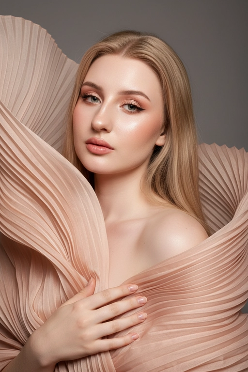    Создайте гиперреалистичный профессиональный студийный портрет женщины с волосами, уложенными на ровный пробор посередине, которые каскадом ниспадают на левое плечо (справа от зрителя) и частично скрыты за правым плечом (слева от зрителя). Камера снимается с немного низкого уровня глаз, глядя прямо на модель, охватывая ее от середины груди и выше. Голова слегка наклонена, взгляд прямой и притягательный.
Ее кожа безупречно гладкая и интенсивно сияет, словно подсвеченная мощным, сфокусированным источником света, подчеркивая мельчайшие поры и естественную текстуру кожи с сияющим, почти воздушным свечением, особенно в области декольте, плеч и верхних линий лица.

Её макияж тщательно проработан:
Глаза: чётко очерченные, ухоженные брови с заметными волосками, мягкие тени тёплых тонов (персиково-розовые и светло-коричневые) с лёгким мерцанием, чёткая чёрная подводка для глаз, создающая нежный кошачий взгляд, и идеально распущенные, объёмные ресницы, подчеркивающие каждую ресничку, с лёгким акцентом на нижних ресницах. Во внутреннем уголке глаза выделяется яркий блик. Радужки глаз отражают рассеянный студийный свет с изысканными узорами.
Щёки: лёгкий, растушёванный румянец натурального розового или персикового оттенка, изящно очерченные скулы и интенсивный, почти влажный блик на выступающих частях лица (скулы, переносица, дуга Купидона), создающий эффект увлажненности и сияния. Губы: губы нежного, естественного кораллово-розового или розово-персикового цвета с мягким атласным финишем, подчеркивающим тонкие естественные линии и текстуру губ, с лёгким бликом на дуге Купидона.

Она изящно одета в объёмную, струящуюся ткань с изящной плиссировкой, напоминающую прозрачный атлас или шёлк. Плиссированная ткань эффектно обрамляет фигуру, создавая объёмную, почти органичную форму, которая высоко поднимается за головой и огибает левое плечо (правое для зрителя), изящно струясь по груди и открывая обнажённые плечи. Материал обладает лёгким, сияющим блеском и мягкой полупрозрачностью, улавливая и отражая студийный свет, подчёркивая его роскошную текстуру и плавные движения. Складки очень детализированы, создавая глубокие тени и яркие блики, которые подчёркивают волнистую форму, а некоторые участки ткани также демонстрируют повышенную светоотражающую способность. Её правая рука (левая для зрителя) нежно касается ткани у груди, на ней видны ухоженные ногти. Освещение выполнено по принципу софтбокса, но с более сильным, концентрированным основным светом для создания интенсивного свечения, сохраняя при этом мягкие тени, которые подчёркивают черты её лица и изгибы плеч без резкости. Фон — гладкий, однотонный средне-серый, обеспечивающий чистый контраст и полностью фокусирующийся на модели. Общее впечатление — утончённая элегантность, изящество и гиперреалистичная детализация, передающая каждый нюанс её красоты, выражения лица и сложную текстуру её волос, кожи и одежды. Черты лица и особенности её внешности должны быть точно воспроизведены с референсной фотографии. Плиссированная ткань нежного, приглушённого персикового или пыльно-розового цвета