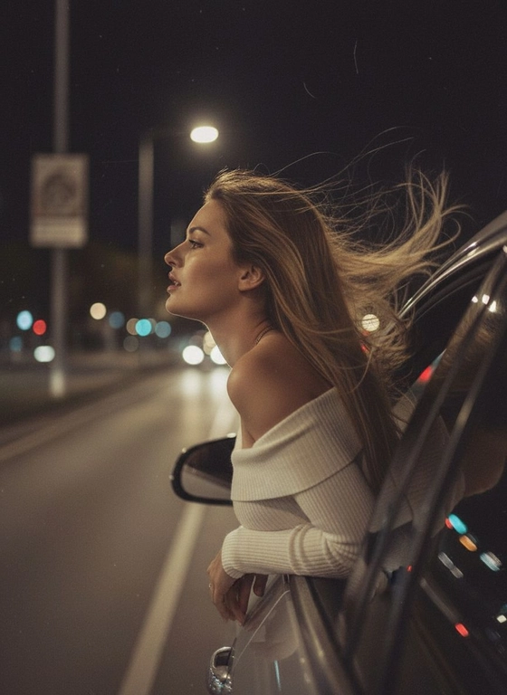 Создайте фото, где я высунула голову из окна машины в тёмную, мечтательную, размытую, винтажную ветреную ночь, в белом трикотажном топе с открытыми плечами. ракурс боковой. Голова чутка откинута назад. Машина в движении.  Выражение лица мечтательное, губы немного приоткрыты. Волосы развеваются в движении. Сохраните детали лица в точности. Пожалуйста, не изменяйте черты лица и оставь таким, какое оно есть.