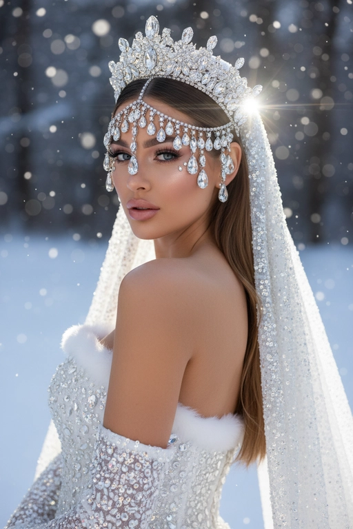 Черты лица и особенности внешности девушки должны быть точно воспроизведены с референсной фотографии. Создайте реалистичный портрет крупным планом (поза через плечо) в сверхвысоком студийном фото. Портрет женщины с аккуратными волосами и укладкой.  

**Наряд/Реквизит:** Сложнейший, тяжелый серебряный головной убор/корона со стразами, с крупными свисающими кристаллическими каплями, покрывающими лоб и виски, и подходящая, густо расшитая пайетками или стразами белая свадебная фата, закрепленная на ниже затылка. На ней белое платье без бретелек из такой же ткани, густо расшитое пайетками или стразами. По краю платья есть белая меховая окантовка. Открытые плечи, что предполагает платье без бретелек.

**Макияж:** Сияющая, чистая и увлажненная кожа. Нежные розовые тени для век, выразительные ресницы, лёгкий белый блик во внутренних уголках глаз и под ними, а также глянцевые, нежно-розовые губы. Два маленьких, светоотражающих каплевидных страза или блестящих элемента под внешним уголком каждого глаза.

Поза:** Взгляд через правое плечо в камеру мягким, но при этом пристальным и соблазнительным взглядом. Её обнажённые плечи и профиль замысловатого головного убора выделяются.

**Освещение:** Резкий, драматичный, контрастный свет сбоку/сзади (контурный свет), создающий яркий, интенсивный блик (блик объектива/эффект мерцания), который подчёркивает блеск и сверкание стразов и пайеток на слегка затенённом лице. 

**Фон:**
Зимний размытый фон со снежинками. **Камера:**
Снято на высококлассную среднеформатную камеру
(например, Hasselblad X2D 100C или Fujifilm GFX
100S) с макрообъективом 120 мм f/4, что обеспечивает исключительную четкость каждого страз, пайеток и текстуры кожи, широкий динамический диапазон и блестящий, модный редакционный результат. 

**Эффект:**
Подчеркивает исключительную роскошь, неземную красоту, резкий контраст и сверхдетализированный блеск.