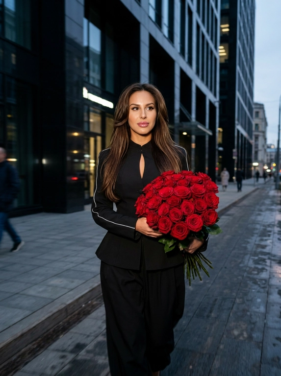 Сохранить внешность на 100%. Черты лица не изменять.
Создай фото Ультрареалистичный уличный снимок. В кадре видно девушку, фото в движении, идет прямо к камере, взгляд немного сбоку камеры. Волосы цвет и длина как на референсе, объемные у Корней, боковой пробор, прямые с завитыми концами, блестящие, густые. Кожа легкий загар , длинные ресницы лисий эффект, блеск на губах. Сходство 100%. Одета в образ что на втором фото, держит в руках роскошный букет красных роз. Фон тёмный, возможно, снимок сделан в вечернее время, заметные тёмные фасады здания, зеркальные. Снимок снят в движении. Формат 9:16