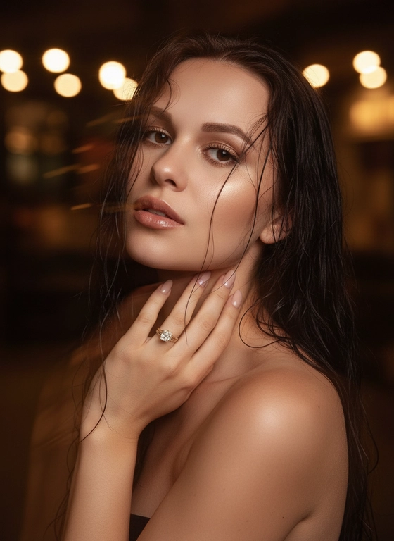 Создайте портрет женщины с длинными, волнистыми, влажными волосами, свободно ниспадающими на плечи, некоторые пряди прилипают к лицу. Она чувственно смотрит в камеру, слегка откинув голову назад, словно наслаждаясь мгновением покоя или чувственности. Её рука нежно лежит на шее, на пальце – эффектное сверкающее кольцо. Плечи опущены. Тёмный, почти однотонный и размытый фон подчёркивает силуэт и лицо женщины. Весь образ мастерски передан с помощью размытия в движении и световых бликов, которые создают ощущение естественного, сказочного движения головы и руки. Мягкие, тёплые тона, лёгкое свечение кожи и губ создают интимную, чувственную и таинственную атмосферу. Эффекты: размытие в движении, художественная длительная выдержка, тёплые тона, атмосфера сновидения. Макияж выразительный: длинные чёрные ресницы, бежевые тени с лёгким мерцанием, выразительные контуры и румяна, безупречная кожа и пухлые губы с нюдовым блеском и тёмно-коричневым карандашом для губ. Ухоженные брови с эффектом Bravenlifting. Длинные, заостренные ногти. Реалистичное фото, как будто снято на профессиональную камеру. Сохраните черты лица такими, какие они есть.