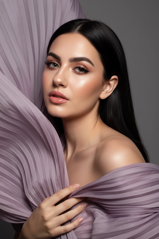    Создайте гиперреалистичный профессиональный студийный портрет женщины с волосами, уложенными на ровный пробор посередине, которые каскадом ниспадают на левое плечо (справа от зрителя) и частично скрыты за правым плечом (слева от зрителя). Камера снимается с немного низкого уровня глаз, глядя прямо на модель, охватывая ее от середины груди и выше. Голова слегка наклонена, взгляд прямой и притягательный.
Ее кожа безупречно гладкая и интенсивно сияет, словно подсвеченная мощным, сфокусированным источником света, подчеркивая мельчайшие поры и естественную текстуру кожи с сияющим, почти воздушным свечением, особенно в области декольте, плеч и верхних линий лица.

Её макияж тщательно проработан:
Глаза: чётко очерченные, ухоженные брови с заметными волосками, мягкие тени тёплых тонов (персиково-розовые и светло-коричневые) с лёгким мерцанием, чёткая чёрная подводка для глаз, создающая нежный кошачий взгляд, и идеально распущенные, объёмные ресницы, подчеркивающие каждую ресничку, с лёгким акцентом на нижних ресницах. Во внутреннем уголке глаза выделяется яркий блик. Радужки глаз отражают рассеянный студийный свет с изысканными узорами.
Щёки: лёгкий, растушёванный румянец натурального розового или персикового оттенка, изящно очерченные скулы и интенсивный, почти влажный блик на выступающих частях лица (скулы, переносица, дуга Купидона), создающий эффект увлажненности и сияния. Губы: губы нежного, естественного кораллово-розового или розово-персикового цвета с мягким атласным финишем, подчеркивающим тонкие естественные линии и текстуру губ, с лёгким бликом на дуге Купидона.

Она изящно одета в объёмную, струящуюся ткань с изящной плиссировкой, напоминающую прозрачный атлас или шёлк. Плиссированная ткань эффектно обрамляет фигуру, создавая объёмную, почти органичную форму, которая высоко поднимается за головой и огибает левое плечо (правое для зрителя), изящно струясь по груди и открывая обнажённые плечи. Материал обладает лёгким, сияющим блеском и мягкой полупрозрачностью, улавливая и отражая студийный свет, подчёркивая его роскошную текстуру и плавные движения. Складки очень детализированы, создавая глубокие тени и яркие блики, которые подчёркивают волнистую форму, а некоторые участки ткани также демонстрируют повышенную светоотражающую способность. Её правая рука (левая для зрителя) нежно касается ткани у груди, на ней видны ухоженные ногти. Освещение выполнено по принципу софтбокса, но с более сильным, концентрированным основным светом для создания интенсивного свечения, сохраняя при этом мягкие тени, которые подчёркивают черты её лица и изгибы плеч без резкости. Фон — гладкий, однотонный средне-серый, обеспечивающий чистый контраст и полностью фокусирующийся на модели. Общее впечатление — утончённая элегантность, изящество и гиперреалистичная детализация, передающая каждый нюанс её красоты, выражения лица и сложную текстуру её волос, кожи и одежды. Черты лица и особенности её внешности должны быть точно воспроизведены с референсной фотографии. Плиссированная ткань пыльно-лавандового цвета 