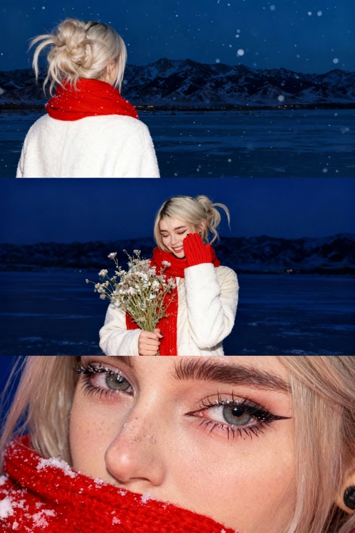 Создай коллаж не меняя черты лица. Кинематографический зимний коллаж из трёх кадров: девушка на фоне заснеженных гор и замёрзшего озера, мягкий вечерний свет, холодно, падает снег. На ней белое шерстяное пальто и ярко-красный шарф, в руках букет зимних полевых цветов. Первый кадр — со спины, её волосы и красный шарф выделяются на фоне темно-синего неба и гор; второй кадр — человек стоит на фоне темно-синего неба, улыбается, смотрит вниз, в одной руке букет, второй рукой прикрывает лицо. На руках красные вязаные перчатки. атмосфера лёгкости и свежести. на ней белое шерстяное пальто и ярко-красный шарф; третий кадр — очень крупный портрет на фоне темно-синего неба, взгляд в камеру, на ресницах снег, мягкий румянец, естественный макияж. Видно часть шарфа. Акцент на глаза. Настроение — романтичное, зимнее, немного меланхоличное, стиль — реалистичный, кинематографический, контраст белого снега и красных акцентов. Все фото сделаны ночью со вспышкой. Пленочная фотография.