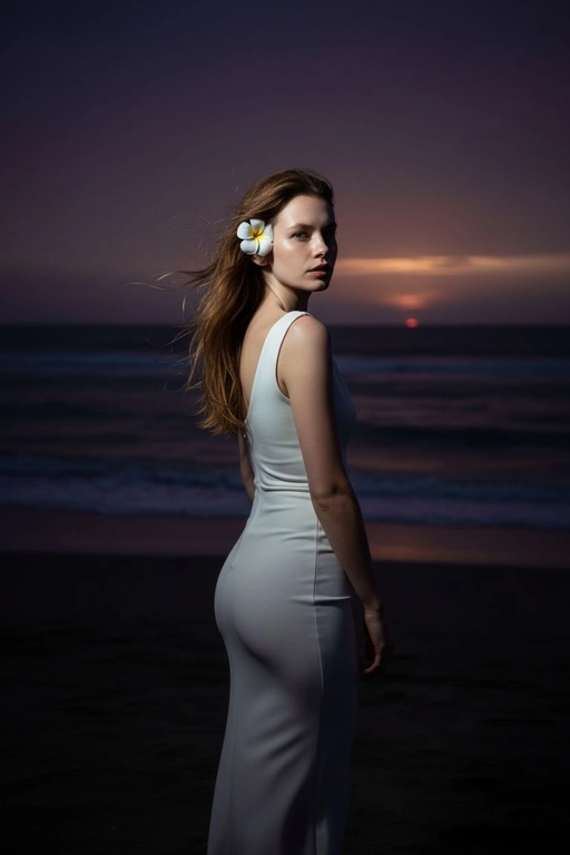 Сделай фото, будто я на пляже, где темно, но кто-то сфотографировал меня со вспышкой, и мое лицо немного блестит и светится, заднем плане закат, как будто солнце село на 98%, оставив фиолетовый оттенок, и само по себе почти темно. Фото сделано из-за моей спины, как будто  мне сказали, повернуться. Я в белом облегающем платье с цветком, заправленным в волосы. Волосы должны развеваться так, как будто дует слегка ветер.