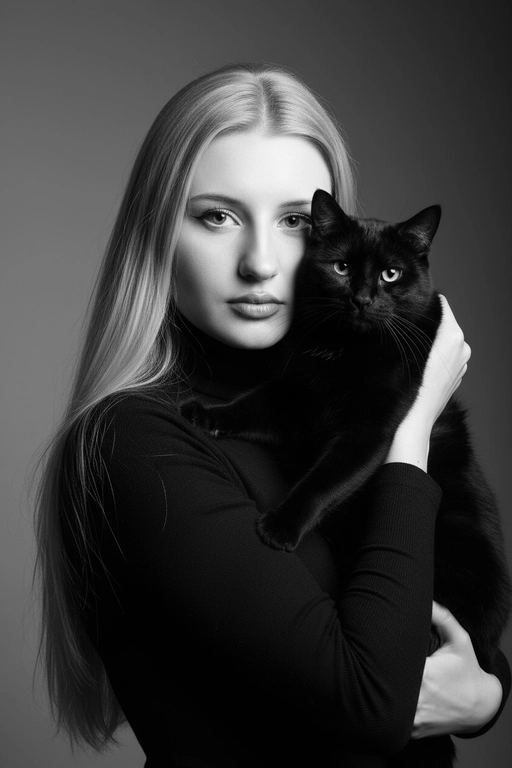 Высококонтрастный черно-белый портрет женщины в черной водолазке, держащей чёрную кошку у лица. Композиция напряжённая и интимная: оба персонажа смотрят прямо в камеру с одинаковой интенсивностью. Яркое и направленное освещение создаёт глубокие тени и подчёркивает контраст между их бледной кожей и тёмной шерстью кошки. Выражение её лица спокойное и уверенное, глаза подведены чётко, а гладкие прямые волосы естественно ниспадают на одно плечо. Фон - градиент от серого к темно-серому. Общее настроение таинственное, элегантное и кинематографичное, напоминающее портрет из модного журнала с готическим подтекстом.