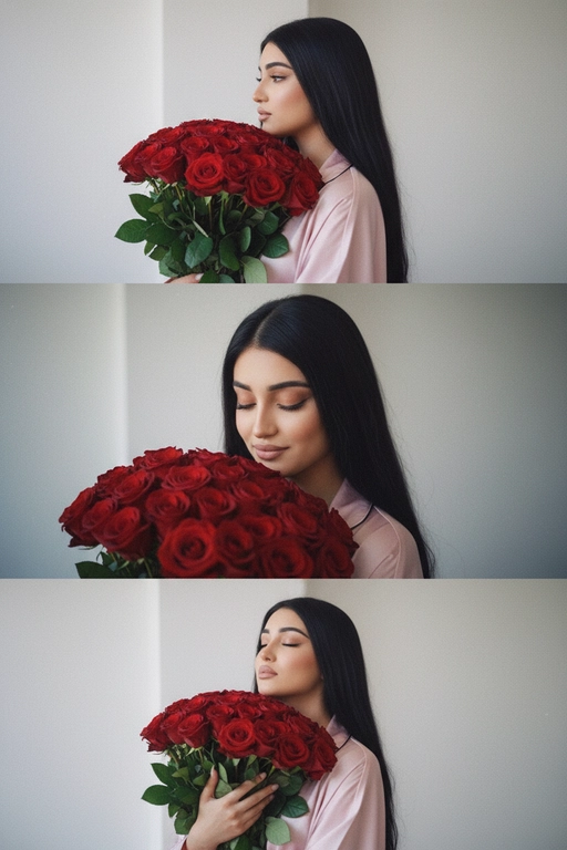 Не меняй черты лица, оставь их точь в точь как на загруженном фото, в том числе макияж и волосы.
Композиция из триптиха изображает женщину дома с цветами
На ней свободная пижама кимоно в пол нежно розового цвета.

На верхнем кадре портрет крупным планом, женщина смотрит в камеру лицо боком в руках у неё огромный букет. На заднем плане светлая стена размыты.

На центральном кадре сверхкрупный план, та же девушка, ее голова слегка наклоненная вперед, она принюхивается к букету, ее глаза закрыты, на лице легкая улыбка.  Кадр снятый с очень близкого расстояния, видно только часть огромного букета и лица  

На нижнем кадре портрет крупным планом изображена всё та же женщина, голова запрокинута вверх глаза закрыты, прижимает все тот же огромный букет к груди

Цветовая палитра приглушена, с нежными розовым, белым
Общий стиль наводит на романтику. Присутствует видимая зернистость.  Букет цветов - красные  розы