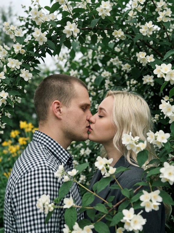A man and a woman stand face to face, kissing—their lips touching, faces in profile, eyes closed. The shot is close-up, from shoulders to head, angled at eye level, with their faces centered in the frame and surrounded by flowering branches. The foreground and edges of the frame are filled with out-of-focus branches and flowers. Do not alter the faces from the uploaded photos.
The skin appears perfectly smooth and matte.
The man is wearing a cotton shirt with a small gingham check in black and white tones. The woman is wearing a dark gray jacket.
The location is a flowering tree with dense branches: large white flowers with five petals and yellow stamens —presumably jasmine or bird cherry—and dense dark green foliage. The branches frame the figures on all sides, creating a living, arched tunnel. In the left middle ground, yellow flowers are out of focus.
The lighting is natural, overcast, diffused, with no clear direction of the light source—an even, soft light. Shadows are virtually absent. Contrast is low. The overall tone of the frame is muted and cool, with green and white dominant tones. The highlights on the skin are subdued and matte. The film grain is pronounced.
Shot with an 85mm lens, minimal depth of field with sharp focus exclusively on the lips and the area where the faces meet—the foreground with the man's shoulder and the nearby branches are completely out of focus, the background with foliage is blurred into bokeh. Pronounced film grain. A reportage paired shot in the style of a Candid Film portrait, highly detailed and photorealistic.
Soft romantic spring botanical mood,
dominant tones: white blossom, deep green, dark charcoal,
low saturation with cool green emphasis,
flat diffused overcast natural lighting,
minimal shadow definition,
heavy analog film grain throughout,
lifted blacks with a soft hazy quality,
shallow depth of field with strong foreground blur,
Candid Film Spring color grading.