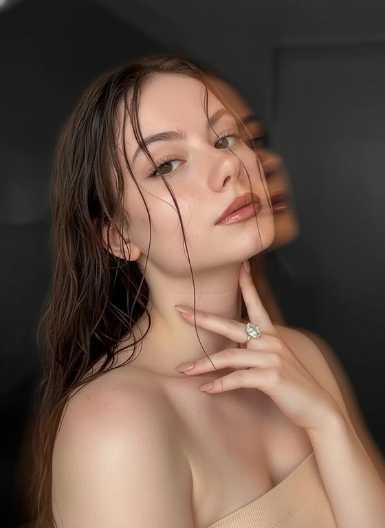 Создайте портрет женщины с длинными, волнистыми, влажными волосами, свободно ниспадающими на плечи, некоторые пряди прилипают к лицу. Она чувственно смотрит в камеру, слегка откинув голову назад, словно наслаждаясь мгновением покоя или чувственности. Её рука нежно лежит на шее, на пальце – эффектное сверкающее кольцо. Плечи опущены. Тёмный, почти однотонный и размытый фон подчёркивает силуэт и лицо женщины. Весь образ мастерски передан с помощью размытия в движении и световых бликов, которые создают ощущение естественного, сказочного движения головы и руки. Мягкие, тёплые тона, лёгкое свечение кожи и губ создают интимную, чувственную и таинственную атмосферу. Эффекты: размытие в движении, художественная длительная выдержка, тёплые тона, атмосфера сновидения. Макияж выразительный: длинные чёрные ресницы, бежевые тени с лёгким мерцанием, выразительные контуры и румяна, безупречная кожа и пухлые губы с нюдовым блеском и тёмно-коричневым карандашом для губ. Ухоженные брови с эффектом Bravenlifting. Длинные, заостренные ногти. Реалистичное фото, как будто снято на профессиональную камеру. Сохраните черты лица такими, какие они есть.