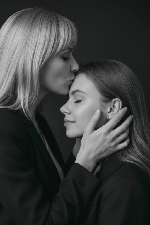 Профессиональное студийное фото, чёрно-белый крупный портрет взрослой женщины и второго человека (это ее сын или дочь). Камера очень близко, объектив 85mm, f/2.0, малая глубина резкости, фокус на ресницах младшего. Боковой ракурс 3/4 слева: старшая выше, в профиль, целует младшего в центр лба. Её обе руки обрамляют лицо младшего, пальцы по бокам щёк, большие под ушами. Младший тоже в профиль с лёгкой улыбкой и закрытыми глазами. Гладкий тёмный фон, мягкий свет слева под 45°, глубокие тени, высокий контраст, реалистичная текстура кожи, отсутствие шума, качество как у профессионального фотографа. Лица должны быть полностью узнаваемыми, соответствовать исходным референсам без искажений, без изменения пропорций и черт.