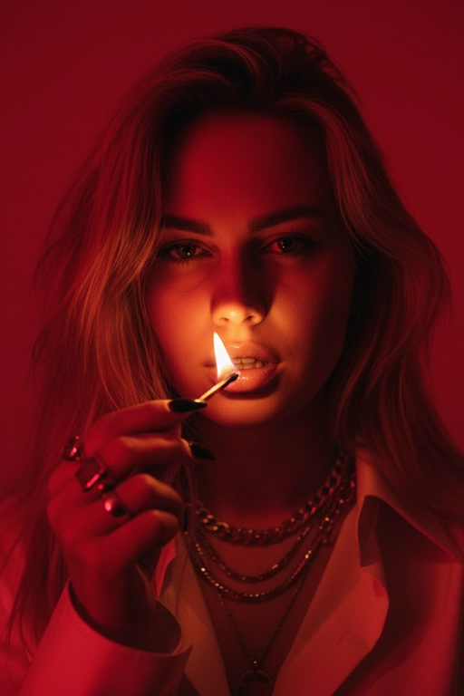Используйте черты лица, как на прилагаемой фотографии.
смелый, кинематографичный портрет женщины, залитой темно-красным светом, которая подносит к губам зажженную спичку. Теплый отблеск пламени подчеркивает ее блестящие губы и создает эффектный отблеск на коже.
ее выражение ее лица напряженное и пленительное, обрамленное взъерошенными волосами, которые свободно ниспадают на лицо. На ней светлая рубашка и многослойные украшения, в том числе металлическая цепочка и крупные кольца. На ее длинных черных ногтях отражаются едва заметные блики света, усиливая мрачную, чувственную атмосферу. Красный фон и сдержанные тени придают глубину и визуальное напряжение, создавая эффектный образ в редакционном стиле.

Настройки камеры: iso 400, диафрагма f/2.0, выдержка затвора 1/160 сек, объектив 85 мм, ручная фокусировка, баланс белого 2800k, коррекция экспозиции -0,3 ev, подсветка одиночным пламенем с красной заливкой, минимальная зернистость, кинематографическое высококонтрастное освещение с плавными тональными переходами.