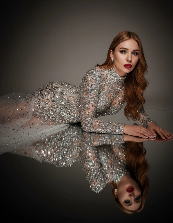 Это изысканный портрет женщины, лежащей боком на зеркальной поверхности, создавая идеальное отражение всего ее тела. На ней элегантное, облегающее платье от кутюр, полностью расшитое серебряными стразами, кристаллами и сверкающими деталями, которые роскошно ловят свет. Платье имеет длинные рукава, высокий ворот и струящийся шлейф из прозрачного тюля, усыпанного стразами на юбке, источающий гламур и изысканность. У нее длинные, волнистые волосы, которые нежно падают на ее плечи. Ее макияж безупречен с яркими темными smoky eyes и черной подводкой для глаз, длинными, объемными ресницами, безупречной кожей и пухлыми губами с изысканной, яркой красной помадой. На ней сдержанные, но элегантные серьги, дополняющие гламурный образ. Сцена драматически освещена темной виньеткой, подчеркивающей блеск платья и контраст между ее телом и отражением в зеркале. Минималистичный фон в нейтральных тонах ещё больше подчёркивает харизму модели и богатство деталей наряда. Общая атмосфера создаёт ощущение роскоши, элегантности и изысканности, отражая моду и высокую моду. Сохранены те же черты лица без каких-либо изменений, тот же тон кожи и цвет волос. Качественный маникюр, профессиональное студийное качество изображения.