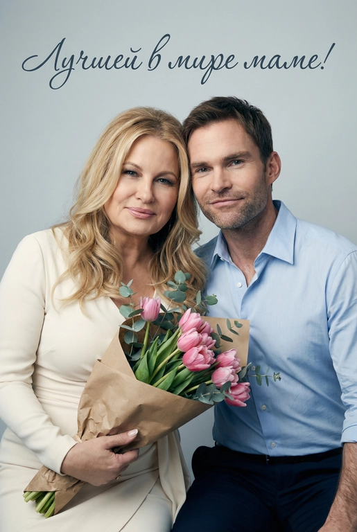 Создай трогательный кадр из профессиональной фотосессии в студии, где запечатлен момент близости матери и ее ребенка/детей. Дети могут быть как взрослыми так и детьми, в зависимости от предоставленных фото. Сделай так, чтобы все они смотрелись гармонично и трогательно. Мама одета в светлое платье. Ее дети/ребенок одеты в подходящую по стилю фотосессии. Освещение холодное. Фон светлый, бесшовный. Фото в стиле Энни Лейбовиц, четкий фокус. У мамы в руках букет розовых тюльпанов и эвкалипта в крафтовой бумаге. Люди смотрят в камеру с мягкой улыбкой. Наверху поверх фото красивым рукописным шрифтом с завитками написано:  Лучшей в мире маме!