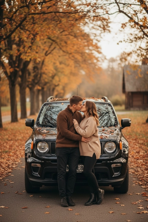 Используй предоставленные изображения и создай фото, где мужчина и женщина стоят, облокотившись на капот автомобиля и целуются. Атмосфера романтичная, осенняя. Средний план людей. Не меняй внешность людей. Машина и люди занимают почти весь кадр. Автомобиль - черный Jeep Renegade