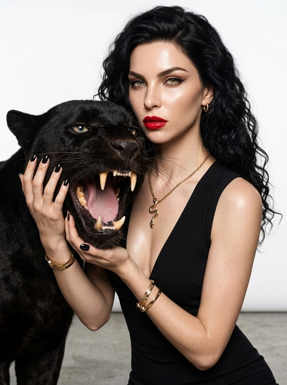 Максимально реалистичная студийная fashion-фотография, вертикальный кадр, плотный средний план, поясной портрет. Камера расположена фронтально, объектив 50mm. Белая минималистичная студийная циклорама, внизу слегка виден серый бетонный пол. Кадр плотный, без лишнего пустого пространства, модель и пантера заполняют почти весь кадр.

Модель позирует вплотную рядом с крупной взрослой черной пантерой. Пантера большая, мощная, визуально тяжелая, занимает почти половину кадра. Ее голова находится очень близко к модели, на уровне груди и нижней части лица модели, слева в кадре. Тело пантеры частично видно и уходит вниз за пределы кадра, чтобы животное выглядело крупным и массивным, а не маленьким.

Одна рука модели удерживает голову пантеры сбоку за шею и щеку, вторая поддерживает снизу нижнюю челюсть. Пантера широко раскрыла пасть, видны крупные клыки, язык, влажная пасть и блестящая черная шерсть. Голова пантеры крупная в кадре, анатомически правильная, без искажений.

Модель смотрит прямо в камеру уверенным, холодным, дерзким взглядом. Корпус слегка развернут, поза спокойная и контролирующая. На модели облегающее черное платье без рукавов с глубоким V-образным декольте.

Аксессуары: золотая цепочка с подвеской-змеей, несколько золотых браслетов на запястье, небольшие золотые серьги-кольца. Ногти покрыты черным глянцевым лаком.

Макияж: четкие длинные черные стрелки cat eye, выразительный контуринг, ровная сияющая кожа, яркая красная помада, glossy skin. Кожа лица, плеч и рук слегка влажная и блестящая.

Свет — профессиональный студийный beauty light, мягкий, но яркий, с чистыми бликами на коже, украшениях и шерсти пантеры. Высокий контраст между белым фоном и глубоким черным цветом платья, волос и шерсти пантеры. Ультрареалистично, дорогая fashion editorial съемка, высокая детализация лица, кожи, шерсти и пасти пантеры.

Какая будет прическа?: Не изменять мою прическу