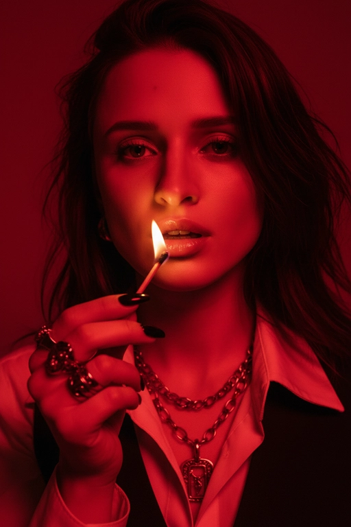 Используйте черты лица, как на прилагаемой фотографии.
смелый, кинематографичный портрет женщины, залитой темно-красным светом, которая подносит к губам зажженную спичку. Теплый отблеск пламени подчеркивает ее блестящие губы и создает эффектный отблеск на коже.
ее выражение ее лица напряженное и пленительное, обрамленное взъерошенными волосами, которые свободно ниспадают на лицо. На ней светлая рубашка и многослойные украшения, в том числе металлическая цепочка и крупные кольца. На ее длинных черных ногтях отражаются едва заметные блики света, усиливая мрачную, чувственную атмосферу. Красный фон и сдержанные тени придают глубину и визуальное напряжение, создавая эффектный образ в редакционном стиле.

Настройки камеры: iso 400, диафрагма f/2.0, выдержка затвора 1/160 сек, объектив 85 мм, ручная фокусировка, баланс белого 2800k, коррекция экспозиции -0,3 ev, подсветка одиночным пламенем с красной заливкой, минимальная зернистость, кинематографическое высококонтрастное освещение с плавными тональными переходами.