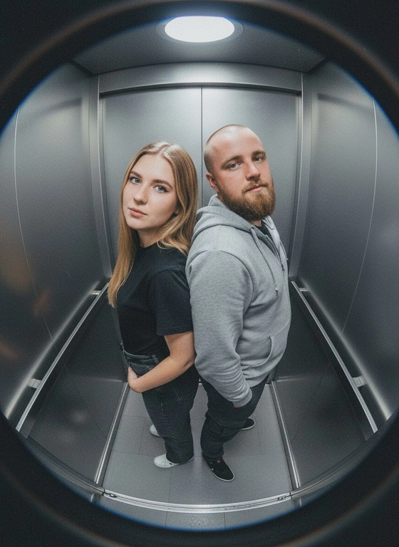Используй предоставленные изображения и создай фото с двумя людьми в лифте с металлическими стенами. Цветовая гамма с преообладанием серых металлических оттенков. Кадр снят с максимально верхнего ракурса, люди будто заглядывают в камеру, их головы подняты наверх, взгляд в камеру. Легкий эффект fish eye. Реалистичное фото. Зернистость пленочного фото, насыщенные цвета, стиль фото y2k. Сохрани черты лица людей. Они стоят спиной друг к другу. Руки в карманах.
Лица в точности как на фото