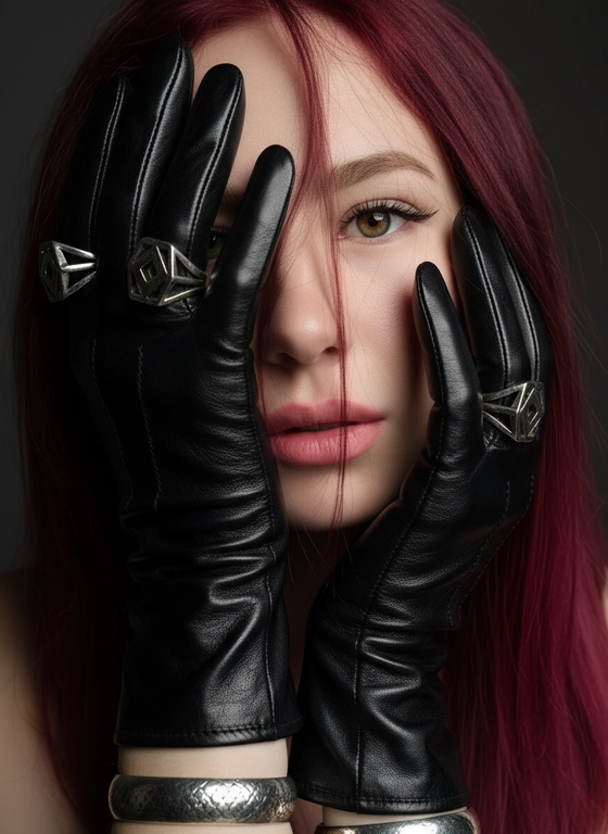 Модный портрет женщины, крупным планом,  в черных кожаных перчатках.  Руки частично заслоняют лицо. Перчатки создают интригующую композицию: одна рука закрывает часть лица, а другая лежит на противоположной стороне, тонко обрамляя нежные черты модели. Губы женщины видны, слегка приоткрыты, глаза открыты, голова слегка наклонена вперед. Несколько прядей волос свободно падают на ее лицо, добавляя ощущение движения. Текстура кожи очень детализирована, демонстрируя поры ее лица. Перчатки блестящие и плотно прилегающие, с тонкими, замысловатыми деталями. Серебрянные массивные кольца видны на пальцах, усиливая ощущение роскоши, а серебрянные браслеты обхватывают запястья. Мягкое, но драматичное освещение подчеркивает текстуру перчаток и кожи, создавая поразительный контраст на темном, мрачном фоне. Общая атмосфера интимная, элегантная и изысканная.