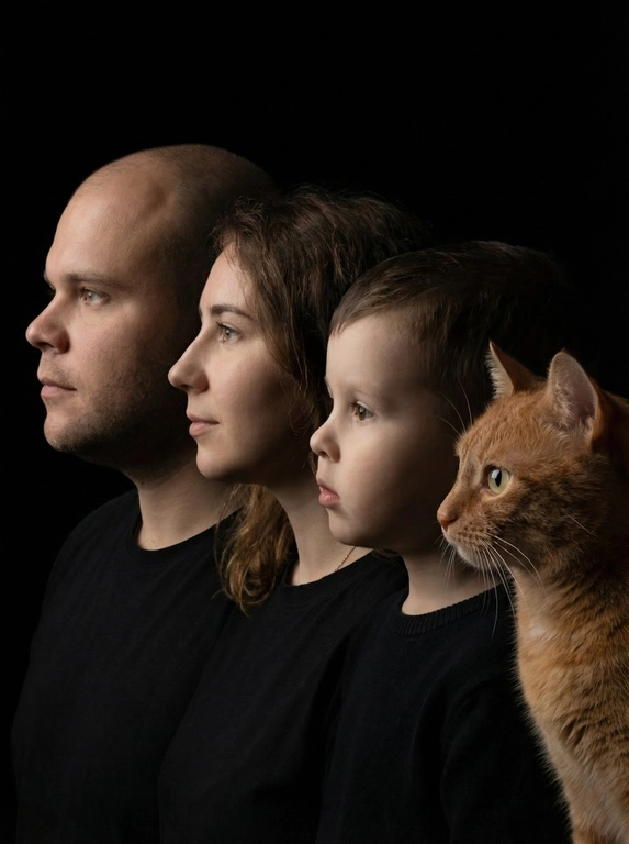 Профессиональный студийный портрет с низким контрастным светом. Головы расположены строго в одну линию. боковой профиль, взгляд влево. У всех видны только головы и немного плечи. Головы занимают весь кадр. Черный фон. Черная одежда у всех. Расположи их по убыванию возраста.