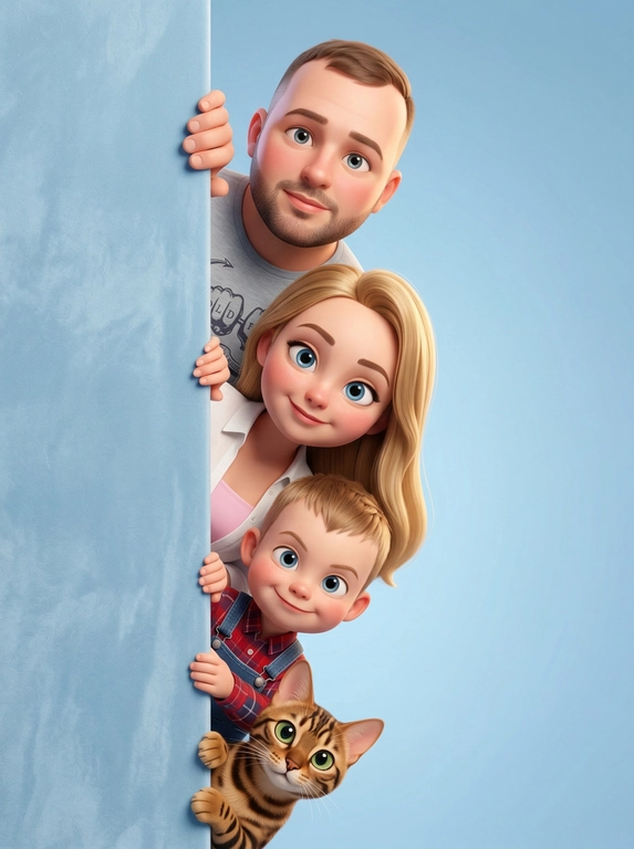 Со всеми персонажами из предоставленных фотографий создайте качественную 3D-стилизованную мультяшную иллюстрацию по загруженным эталонным фото, персонажи подглядывают из-за вертикальной матовой стены слева, видимы только головы, руки и верхние части торса, расположенные вертикально друг под другом в чистой выровненной линии, как будто они прячутся и игриво выглядывают, композиция — мягкая фактурная пастельно-небесно-голубая стена на переднем плане слева и гладкий студийный градиентный фон в небесно-голубом тоне справа, стиль должен быть мягким анимированным премиум-класса Pixar/Disney-style с большими выразительными глазами, гладкой безупречной кожей, тонким румянцем и увеличенными пропорциями головы для очаровательного кинематографического ощущения, при этом сохраняя узнаваемые черты лица, прически и возраст по эталонным фото, персонажи мягко держат стену руками и слегка наклоняются вперед с любопытными игривыми выражениями, освещение — мягкое студийное с теплыми нежными подсветками без резких теней, материалы включают бархатистую матовую текстуру стены, мягкую ткань и гладкую кожу, общее настроение должно ощущаться уютным, изображение должно быть вертикальным портретом с центрированным кадрированием и неглубокой глубиной резкости, окончательный рендер — ультрачистый 4K в стиле Octane/Unreal/Disney CGI.