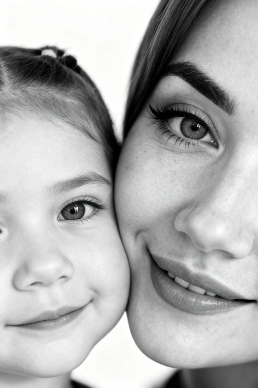 Сверхреалистичная черно-белая художественная фотография 8K женщины и ребенка, снятая очень крупным планом, щека к щеке так что видны только правая половина лица женщины и левая половина лица ребенка. которые смотрят в камеру. Их лица расположены рядом, почти соприкасаясь, образуя идеально сбалансированную симметричную композицию. Каждая деталь передана с фотографической точностью: тонкая текстура кожи и плавные градиенты света и тени. Видимая половина женщины включает ее бровь, один глаз , часть ее носа, щеку и губы, слегка приоткрытые в нежной, естественной улыбке, Видимая половина ребенка включает один глаз , круглую мягкую щеку, часть носа и небольшую улыбку, Фон белый и слегка размытый, что подчеркивает эмоциональную близость между ними. Освещение мягкое и рассеянное, создает деликатный контраст и тональную глубину. На снимке запечатлены нежность, близость и связь между матерью и ребенком, запечатленные с потрясающей реалистичностью. Не меняй черты лиц. 