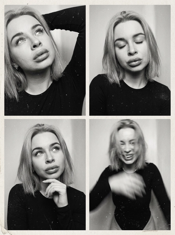 Photorealistic black-and-white vintage photobooth collage made of four frames in a 2x2 grid, separated by thin black dividers and surrounded by a slightly uneven paper border. Each frame shows the same woman in an intimate studio/photobooth setting against a plain light backdrop, captured with an authentic analog look: heavy film grain, soft contrast, halation, dusty scan artifacts, subtle scratches, and mild vignetting. Overall feel: 1990s/ early-2000s editorial photobooth print, raw and unretouched, candid "caught-between-moments" mood.
Use the uploaded photo as the basis and preserve the woman's face, makeup, likeness, and all original features without changing proportions or shape; keep natural facial micro-detail, pores, and subtle asymmetry, preserve the original head size.
Frame 1 (top-left): tight close-up, head tilted up and to the left, eyes looking upward, one arm raised behind the head, dreamy
Frame 2 (top-right): medium close-up, eyes closed, head slightly tilted, she subtly pushes/pouts her lips forward to show them (soft pout), calm playful mood; hair framing the face.
Frame 3 (bottom-left): medium close-up, seated with knees softly out of focus at the bottom, chin resting on one hand, gaze looking up to the right, thoughtful expression.
Frame 4 (bottom-right): medium close-up, the woman is laughing, but the frame is strongly blurred-heavy motion blur/defocus as if she moved during the shot; smile and face still recognizable, edges smeared, hair and hands noticeably streaked, imperfect photobooth misfire energy.
Print/scan look: monochrome with warm gray tones, slightly faded blacks, uneven exposure between frames, faint light leaks, paper texture visible, edges not perfectly straight, like a scanned photobooth print. High resolution, but intentionally imperfect, analog realism.

Доп. характеристики: Цвет волос блонд ,длина каре как на моем фото  ,не меняя черты моего лица,одежда Боди с рукавами