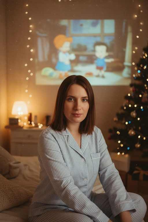 Атмосферный портрет человека, сидящий на кровати в уютной комнате. Не меняй черты лица ни на 1%. Человек смотрит в камеру. На человеке хлопковая голубая пижама в белую полоску. 
Теплое освещение от мерцающих гирлянд и рождественской ёлки. На заднем плане - проекция с фильмом или мультфильмом создающая нотку ностальгии.
Кинематографичный кадр, малая глубина резкости, волшебная и уютная атмосфера. Фото в стиле 90-х, ретро -фильтр. Зернистость Фильм - СССР "Москва слезам не верит".
