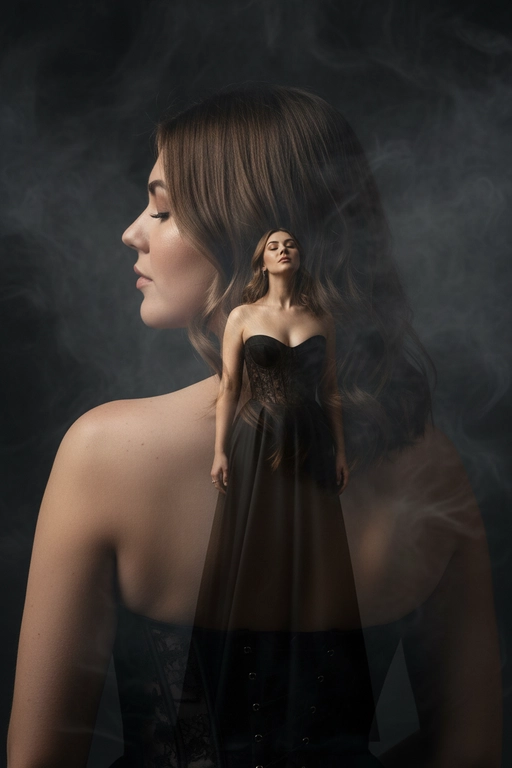 Реалистичный портрет красивой женщины, вдохновлённый референсной фотографией, волосы с легкой укладкой, элегантное чёрное платье с корсетными деталями, мягкое кинематографическое освещение, чувственная поза с закрытыми глазами, дымчатый фон, композиция с двойной экспозицией (крупный план лица сзади, портрет в полный рост спереди), высококачественная студийная фотография, богатый контраст, тонкая текстура кожи, реалистичные тени и блики, художественная глубина резкости, фотореалистичный стиль