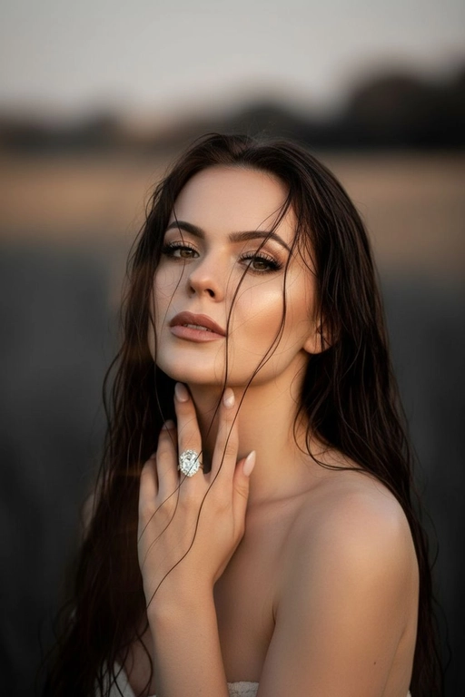 Создайте портрет женщины с длинными, волнистыми, влажными волосами, свободно ниспадающими на плечи, некоторые пряди прилипают к лицу. Она чувственно смотрит в камеру, слегка откинув голову назад, словно наслаждаясь мгновением покоя или чувственности. Её рука нежно лежит на шее, на пальце – эффектное сверкающее кольцо. Плечи опущены. Тёмный, почти однотонный и размытый фон подчёркивает силуэт и лицо женщины. Весь образ мастерски передан с помощью размытия в движении и световых бликов, которые создают ощущение естественного, сказочного движения головы и руки. Мягкие, тёплые тона, лёгкое свечение кожи и губ создают интимную, чувственную и таинственную атмосферу. Эффекты: размытие в движении, художественная длительная выдержка, тёплые тона, атмосфера сновидения. Макияж выразительный: длинные чёрные ресницы, бежевые тени с лёгким мерцанием, выразительные контуры и румяна, безупречная кожа и пухлые губы с нюдовым блеском и тёмно-коричневым карандашом для губ. Ухоженные брови с эффектом Bravenlifting. Длинные, заостренные ногти. Реалистичное фото, как будто снято на профессиональную камеру. Сохраните черты лица такими, какие они есть.
