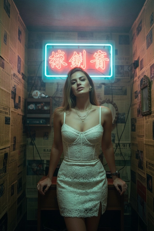 Используйте отправленную мной фотографию в качестве референса. Создайте фотореалистичный гонконгский ретро-портрет с аутентичным видом фильма 1990-х годов, как кадр из мрачного фильма. Строго сохраняйте индивидуальность (разрез глаз, губы, переносицу, линию подбородка, тон кожи). Вертикальный портрет, от середины бедра до головы (3/4 тела). Модель стоит, слегка наклонившись к камере, обе руки лежат на небольшом деревянном шкафу позади нее; плечи расслаблены. Подбородок слегка опущен, взгляд вверх, в камеру с меланхоличным, спокойным выражением. Сцена: тесная, захламленная гонконгская комната, стены от края до края оклеены пожелтевшими кантонскими газетами. Позади модели: туманная неоновая китайская вывеска (красный и голубой), светящаяся сквозь туман у потолка. Загроможденная мебель: компактный шкаф, разбросанные провода, виден край небольшого зеркала. Гардероб и стиль: платье в стиле корсета из кремового/слоновой кости кружева (со вкусом, неоткровенное), многослойные изящные золотые ожерелья, маленькие серьги-кольца или жемчужные серьги. Волосы взъерошены. Лицо должно быть точной копией моих настоящих черт лица, не меняйте лицо и сделайте фотографию высокого разрешения.