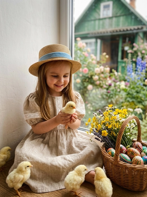 Ребёнок с лицом и улыбкой точь-в-точь как на фото. Ребёнок сидит на фоне светлой стены, сзади — размытый деревянный зелёный домик и цветы вокруг, сидит на полу с плетёной корзиночкой. В корзине — жёлтые цветы, лаванда и разноцветные пасхальные яйца. Вокруг ребёнка — маленькие жёлтые живые цыплята, одного держит в руках. Ребенок улыбается, как на фото, не менять лицо. 

Выбрать пол ребенка: Девочка в бежевом платьице с белыми кружевами рукавами фонариками. На голове соломенная шляпа с ленточкой.