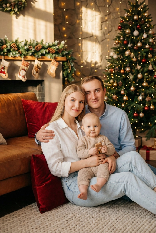   Создай трогательный кадр из профессиональной фотосессии в студии, где запечатлен момент семейной близости. Люди на фото могут быть как взрослыми так и детьми, в зависимости от предоставленных фото. Сделай так, чтобы все они смотрелись гармонично и трогательно. Фото в стиле Энни Лейбовиц, четкий фокус.

Люди в расслабленных позах на низком коричневом кожаном диване и на плотном светлом вязаном ковре. Естественные прически и минимальный макияж. 

Студия украшены в рождественском или новогоднем стиле, рядом с диваном стоит елка, позади дивана камин. Каминная полка украшена еловой гирляндой, шишками и маленькими рождественскими носочками. На диване красные декоративные подушки. В студии висят теплые гирлянды и мягко светятся.  

На фото видно лица людей и они смотрят в камеру.
 
Освещение мягкое, естественное, теплое, в стиле "Золотой час", мягкие тени, камера на уровне глаз, теплый цветовой грейд (золотисто-коричневые тона), натуральные оттенки, тонкая ретушь, мягкая пленочная текстура, атмосфера уюта, семейного тепла и близости. Одежда в пастельной гамме — белые рубашки и блузы, светлые платья, джинсы и бежевые брюки