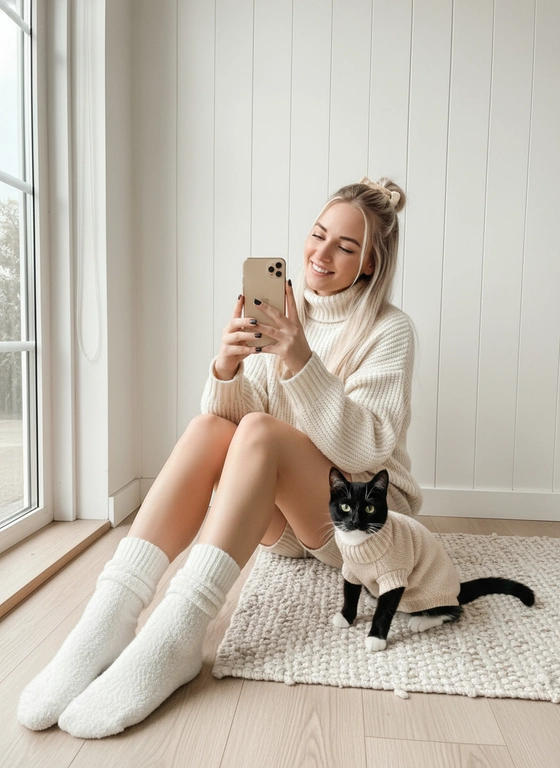 Фотореалистичное изображение: улыбающаяся девушка, не меняй черты лица,в уютной минималистичной комнате, сидит на деревянном полу у белой панельной стены в объемном мягком вязаном кремовом свитере , вязаных бежевых шортах и пушистых белых носках, полураспущенные волосы собраны сверху резинкой-крабом, в руке золотой смартфон для селфи. Рядом на коврике кошка в подходящем светлом вязаном свитере. Мягкое естественное боковое окно-освещение, тёплая пастельная палитра, детализированные текстуры вязки и шерсти, аккуратно маникюрованные тёмные ногти, натуральные тона кожи. Композиция — средний план, слегка сверху, shallow depth of field (легкое боке на фоне), 35mm/50mm стиль объектива, кинематографическая тёплая цветокоррекция, высокая резкость на одежде и кошке, мягкие тени, фотореализм, 4k, без текста, логотипов и водяных знаков.