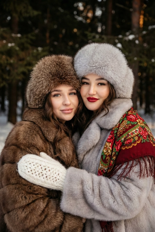 Создай кадр, который представляет собой теплый, уютный, слегка ностальгический зимний портрет в фэшн/фолк-стиле. Атмосфера спокойная, элегантная, дружеская близость двух моделей; сочетание высокой моды (мех, профессиональная ретушь) и фольклорной эстетики (вышитый шарф). Композиция и позирование: Форма кадра: портретный, вертикальный (соотношение примерно 3:4). Расположение: две женщины в центре кадра, тела и головы видны на груди; правая модель немного ближе к камере. Позы: девушки стоят близко друг к другу, левая модель слегка опирается на правую; плечи слегка повернуты к камере. Взаимодействие: мягкая улыбка, закрытое выражение лица, взгляд в камеру; дружелюбный, уверенный тон. Лица и макияж: Кожа: гладкая, естественная текстура, легкий эффект сияния. Глаза: аккуратные блики – оживляют взгляд; нейтральный/теплый макияж теней. Брови: естественная форма, слегка очерчены. Губы: у правой модели насыщенный матовый красный (центральный акцент), у левой – нежно-розовый нюдовый. Волосы: свободные пряди вокруг лица, несколько прядей с легкой волной для естественности. Шапки: большие пушистые меховые шапки с очень четко выраженной текстурой меха; справа – светло-серый мех, слева – коричневый мех. Форма: высокие, округлые, плотно сидят на голове, частично закрывают лоб – создают силуэт и рамку для лица. Верхняя одежда и текстуры: меховые пальто: густой натуральный мех у левой модели коричневый, у правой модели – светло-серый тон с видимым направлением волосков; богатая текстура и объем. У девушки справа на правом плече маленький платок с традиционным русским орнаментом – яркие цветы и листья, на фоне глубокого красного цвета с золотисто-терракотовыми, зелеными деталями; Тонкая бахрома ниспадает на ее плечо. У девушки слева на левом плече небольшой вязаный белый шарф с крупным ажурным узором, что добавляет контраста в текстуре и цвете. Окружение и фон: Лес: темные хвойные деревья, вертикальные силуэты стволов; снег на земле/вдали — размытый фон (боке).