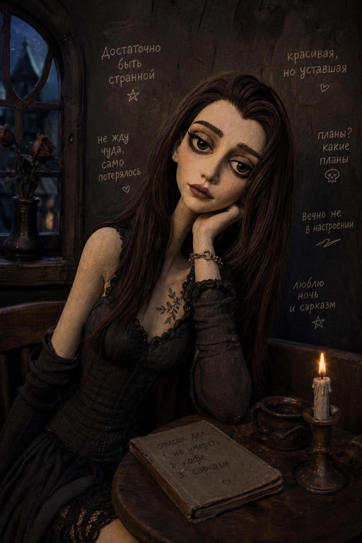 Use this photo. 

Выберите стиль: turn the person from the uploaded photo into an eerie but beautiful gothic stop-motion fairy-tale fashion character. Use the uploaded photo as the strict reference for pose, composition, body direction, outfit logic, facial mood, hand placement and main furniture. Do not reinvent the pose. Do not change the chair, doorway, sofa or any key object from the reference.  Preserve the original body language and silhouette, but stylize the person into a clean, elegant stop-motion character: elongated thin neck, angular but beautiful face, hollow cheeks, large tired eyes with heavy lids, small serious mouth, slightly asymmetrical sculpted face, graceful strange proportions, expressive hands, refined gothic beauty.  The character should look like a smooth physical stop-motion figure photographed in a miniature set: clean matte sculpted face, polished clay/plasticine-like forms, painted facial details, stylized sculpted hair strands, neat fabric clothing, real shadows, contact shadows, visible depth, practical studio lighting, soft cinematic shadows. No flat illustration, no rough craft texture.  Transform the scene into a dark elegant gothic stop-motion fairy-tale world: crooked old window, antique furniture, candlelight, theatrical shadows, old wood, gothic doorway or miniature room, melancholic dark humor, clean eerie beauty. The frame should feel like a beautifully crafted gothic stop-motion animation still, not a fashion photo.  Keep the outfit stylish, clean and intentional. Preserve the outfit logic from the reference, but make it gothic, theatrical and fashion-aware. If legs are visible, make them long, thin, elegant and slightly unreal, but anatomically clean, dimensional and believable.  Add 5–7 clearly readable handwritten Russian notes around the character, medium-sized, chalk-like, physically written on the wall or nearby surfaces. Short witty phrases, 2–6 words each. Ironic, slightly absurd, character-specific, not generic poetic quotes. Minimal arrows and tiny doodles.  IMPORTANT STYLE: smooth gothic stop-motion animation, clean matte puppet surface, elegant angular face, dark fairy-tale miniature set, refined fashion character, melancholic comedy, strange beauty, theatrical but clean.  NEGATIVE: photorealistic human, live-action fashion editorial, realistic pretty woman, soft romantic portrait, cute doll, porcelain doll, baby doll, anime doll, Disney-like, Pixar-like, glossy AI beauty, digital painting, watercolor, flat sketch, wool doll, felt doll, fuzzy texture, sand-like texture, rough fabric skin, gritty dirty skin, broken puppet, horror doll, skeletal body, exposed joints, twisted limbs, wooden stick legs, plastic commercial 3D, messy dirty clothes, unreadable tiny handwriting, too many arrows, large text blocks.