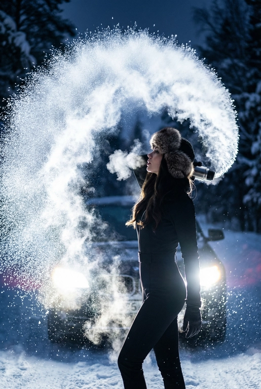 Создай портрет, не меняя черты лица. Эстетичный
женский силуэт в профиль на фоне ночного
снежного пейзажа. Девушка одета в стильный
черный комбинезон. Она в сильный мороз выливает
вверх полукругом в воздух кипяток, который,
замерзая в воздухе, образует красивую огромную
светящуюся дугу в воздухе. Контровой свет от фар
автомобиля сзади создает эффект ореола и
подсвечивает каждую снежинку и пар.
Атмосфера загадочная, холодная, высокая мода,
кинематографичное освещение, гиперреализм,