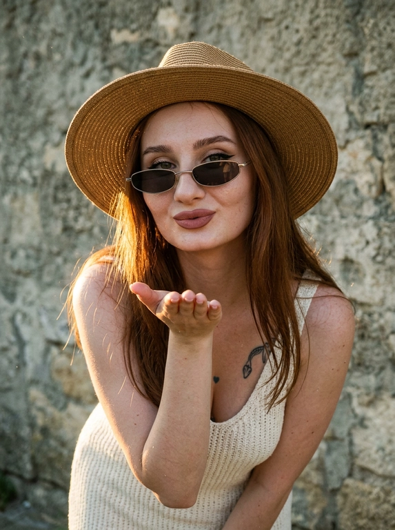 Тщательно кадрированный ультрареалистичный портрет женщины в стиле fashion editorial с y2k-влиянием. Женщина слегка наклоняется вперёд в игривом и кокетливом жесте, будто посылает воздушный поцелуй. У неё широкополая соломенная шляпа. На ней кремово-белое летнее вязаное платье, подчёркивающий  силуэт. На лице макияж с акцентом на глаза: cat eye стрелки на верхнем веке, матовая помада пыльно-розового оттенка, контур губ на тон темнее, влажный хайлайтер. Узкие стильные солнцезащитные очки в металлической оправе.  Естественная кожа с видимой текстурой, порами. Закатное контровое освещение, солнце позади модели, мягкие золотистые блики на коже и волосах, слегка пониженная экспозиция, атмосферные тени. Фон — каменная стена серо-бежевого оттенка с выраженной текстурой. Плёночный фильтр, лёгкая зернистость, небольшой шум, лёгкая туманность. Ультрареалистичное фото, натуральный необработанный вид, без beauty filter, без CGI, cinematic, detailed skin texture.