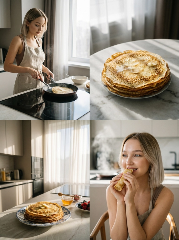 Создай изображение человека с предоставленной фотографии, не изменяя его лицо, черты, внешность, возраст и любые аспекты его естественной индивидуальности. Представь коллаж из четырёх фотоснимков, объединённых общей атмосферой уютного домашнего уюта и теплоты раннего утра. На первом изображении человек стоит у современной индукционной плиты, аккуратно переворачивает лопаткой русский тонкий блин на тёмной антипригарной сковороде. Наряд — домашний. Освещение мягко льётся сверху и сбоку, создавая натуральные блики на гладкой поверхности кухонных фасадов и зеркальной индукционной плите, одновременно подчёркивая лёгкую мерцающую текстуру кожи.  Вторая фотография — крупный план стопки аппетитных русских тонких блинов, выложенных на матовом мраморном столе с плавными прожилками. Каждый блинок идеально золотистого цвета с хрустящими краями, испещрённый тонкой текстурой пузырьков и слегка блестящей поверхностью, покрытой тончайшим слоем масла, будто он только что слез со сковороды. На заднем плане полупрозрачное светлое окно пропускает диффузный рассеянный свет, создавая игру теней и деликатный контраст на холодной мраморной поверхности, добавляя глубину композиции.  Третье фото раскрывает общую панораму современной кухни, залитой утренним светом, где на нейтральных пастельных оттенках стен и шкафов нежно отражается солнечное сияние. На переднем плане аккуратно разложены русские тонкие блины на фарфоровой тарелке с утончёнными голубыми узорами, рядом — небольшой кувшин с мёдом и свежие ягоды в прозрачной стеклянной миске. Хромированные элементы кухонной техники и продуманная расстановка создают атмосферу минимализма и функциональной красоты. Свет мягко проникает сквозь занавески, добавляя легкое томное тепло и вызывая приятное ощущение домашнего уюта.  Четвёртое фото запечатлевает момент наслаждения — человек бережно подносит к губам кусочек блина, глаза нежно сияют, а лёгкая улыбка наполняет кадр живым, естественным чувством удовлетворения.  Тёплое естественное освещение органично подчёркивает текстуру кожи, отражаясь в блеске глаз и мягких отражениях на губах. Обстановка вокруг наполнена тонкими деталями: деревянное кресло с мягкой текстильной подушкой, расфокусированные предметы на кухонном фоне с едва заметной дымкой паров от горячих блинов, создающие атмосферу спокойствия и счастья мгновения.  И на протяжении всего создания строго сохраняй настоящее лицо, идентичность, естественную внешность и уникальную индивидуальность человека с оригинальной фотографии.высокая детализация лица, ткани и интерьера, натуральная цветокоррекция, добавь зернистость , без стилизации, без editorial, реалистичная фотография, 35mm, f/2.8.

