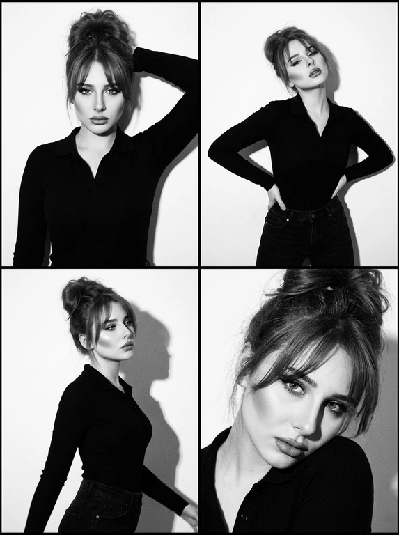 Коллаж ч/б, коллаж 2×2 из 4 ультрареалистичных фото. Стиль: ч/б, high contrast, эстетика плёнки 90-х (Pentax K1000 + Kodak Tri-X 400), заметное film grain. Свет: жёсткий студийный flash, чёткая тень на белой стене. Локация: минималистичная студия, белый фон. Модель: та же женщина (внешность не менять). Одежда: чёрный облегающий лонгслив-поло + чёрные джинсы. Макияж: matte sculpted — контуринг, пухлые губы с карандашом, густые ресницы, высокая детализация лица. Кадры: 1. верх-лево — портрет по грудь, рука за головой, прямой уверенный взгляд (Vogue 1995 vibe). 2. верх-право — план по бёдра, руки на талии, изогнутый корпус, голова назад или вбок, half-closed eyes. 3. низ-лево — полупрофиль в движении, разворот головы и корпуса, dreamy взгляд в сторону, тень профиля. 4. низ-право — close-up, голова к плечу, игривый взгляд исподлобья, фокус на глазах и губах. Не менять лицо и цвет волос. Фото сделано на iPhone 17 Pro Max со вспышкой.


Какая будет прическа?: Небрежный высокий пучок в стиле бомбшелл 90-х, объём у корней, удлинённая чёлка-шторка