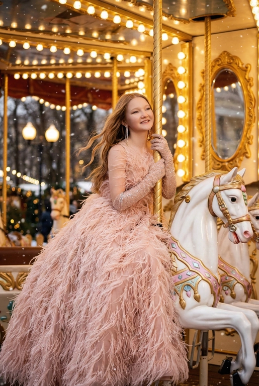  Сказочный праздничный портрет на ретро-карусели, вертикальный кадр до пола. Девушка сидит боком верхом на белой карусельной лошадке с золотыми и пастельно-розовыми декоративными элементами, руками обнимает золотой столб, на ней, уши украшены свисающими серьгами. Волосы распущены и развеваются, лицо слегка повернуто в сторону, выражение расслабленное и радостное. Фон залит тёплым светом гирлянд и лампочек карусели, золотые рамы зеркал и размытые огни парка создают атмосферу роскошной рождественской ярмарки, в воздухе лёгкие снежинки и боке. Гламурный праздничный стиль, насыщенные тёплые тона, мягкое боке, high fashion editorial, 8k, cinematic lighting, shallow depth of field, festive atmosphere. --ar 9:16 --v 6 --style raw --q 2 На ней пышное вечернее платье нежно‑пудрового цвета, полностью покрытое длинными перьями, создающими объём и движение, на руках блестящие длинные перчатки