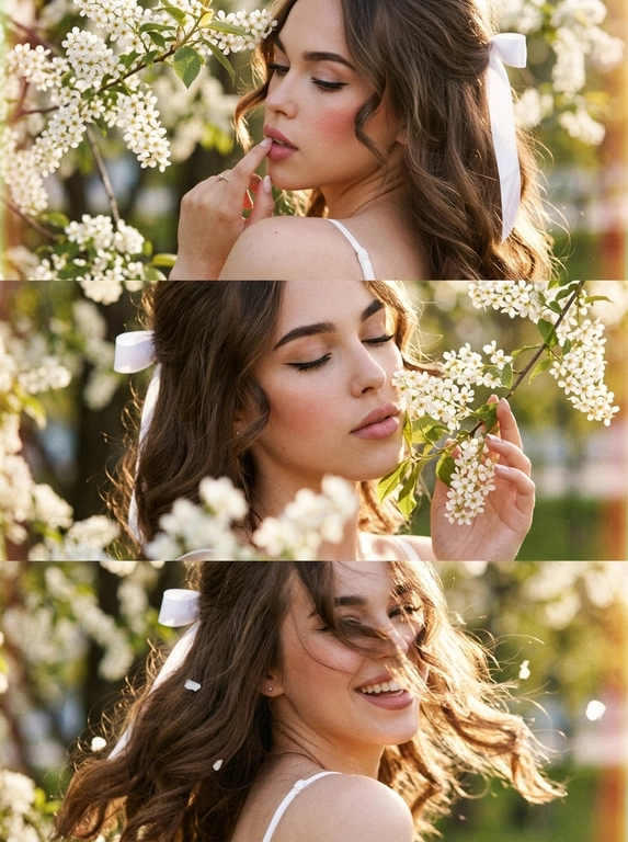 Создай  триптих из трёх кадров, расположенных под друг другом все кадры — крупный план (close-up portrait), единая стилистика и цветовая палитра. Весенняя атмосфера, цветущая черёмуха. Лицо освещено мягким боковым светом. Акцент на макияже глаз — изящные стрелки. Кожа светится естественным сиянием. Волосы мягко подсвечены контровым светом.
Макияж — свежий ретро-гламур: тонкая стрелка, аккуратно подчеркнутые ресницы, нежно-розовые губы с мягким блеском, лёгкий румянец.  Одежда - видны фрагменты белого верха на тонких бретельках.
Кадр 1 (верхний)
Экстремально крупный план лица со спины.  Она стоит спиной к камере, голова повернута в сторону плеча, палец касается губ под ветвями цветущей черёмухи. Нежные белые соцветия обрамляют лицо.
Кадр 2 (средний)
Крупный план, она закрывает глаза и слегка касается ветки черёмухи у щеки. Лепестки частично в фокусе на переднем плане.
Кадр 3 (нижний)
Крупный портрет в движении — лёгкий поворот головы, волосы развеваются от ветра падая на лицо и скрывая его часть, несколько лепестков черемухи в воздухе и в волосах, корпус наклонен к камере она смеется.
Стиль и обработка всех кадров:
Сцена имеет эстетику винтажного фильма с мелким зерном. 
все три фото фото залито солнечным светом, сильное плёночное зерно, тёплая винтажная цветокоррекция, лёгкая засветка по краям кадра, высокая детализация кожи, естественная текстура, гармоничная композиция триптиха.

Прическа:: Мягкие объёмные волны в стиле 70-х, естественный прикорневой объём, часть волос собрана сзади атласной белой лентой завязанной на бантик, два локона спереди обрамляют лицо.