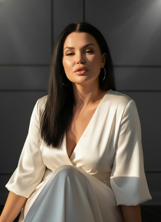 Создано с помощью сервиса Создать по своему фото и промпту

Промпт пользователя:
создай портрет, не меняя черты лица. кинематографический портрет крупным планом, Модель сидит в расслабленной позе, слегка наклонив туловище вперед, смотрит в камеру, губы слегка приоткрыты, подбородок приподнят.  На ней струящееся шелковое платье молочного увета.  Яркий солнечный свет освещает ее лицо, подчеркивая структуру костей, скулы и сияющую бронзовую кожу. Девушка чуть в теле.Ее волосы темные и распущены Волос длинный. Крупные серьги кольцами Фон - темно-серая стена с мягким акцентом и едва заметными солнечными бликами. Атмосфера утонченная и кинематографичная, она создает ощущение современного шика и внутреннего покоя. Цветовая палитра включает графит, жемчужно-белый и теплую бронзу, а мягкий свет подчеркивает силуэт 
#женщина #студия #макияж #платье #тренды #иисервис