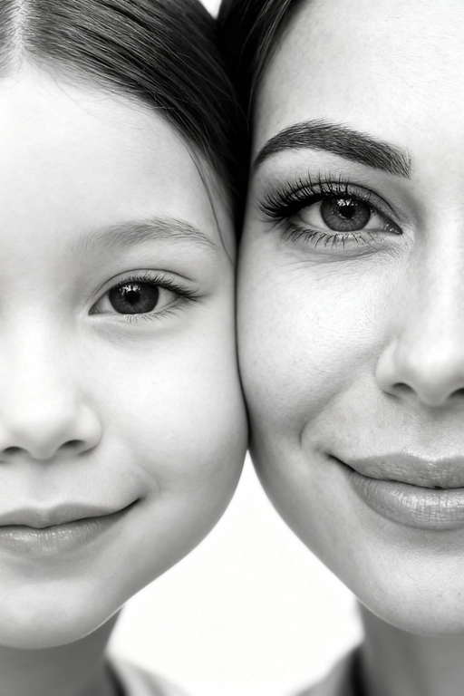 Сверхреалистичная черно-белая художественная фотография 8K женщины и ребенка, снятая очень крупным планом, щека к щеке так что видны только правая половина лица женщины и левая половина лица ребенка. которые смотрят в камеру. Их лица расположены рядом, почти соприкасаясь, образуя идеально сбалансированную симметричную композицию. Каждая деталь передана с фотографической точностью: тонкая текстура кожи и плавные градиенты света и тени. Видимая половина женщины включает ее бровь, один глаз , часть ее носа, щеку и губы, слегка приоткрытые в нежной, естественной улыбке, Видимая половина ребенка включает один глаз , круглую мягкую щеку, часть носа и небольшую улыбку, Фон белый и слегка размытый, что подчеркивает эмоциональную близость между ними. Освещение мягкое и рассеянное, создает деликатный контраст и тональную глубину. На снимке запечатлены нежность, близость и связь между матерью и ребенком, запечатленные с потрясающей реалистичностью. Не меняй черты лиц. 