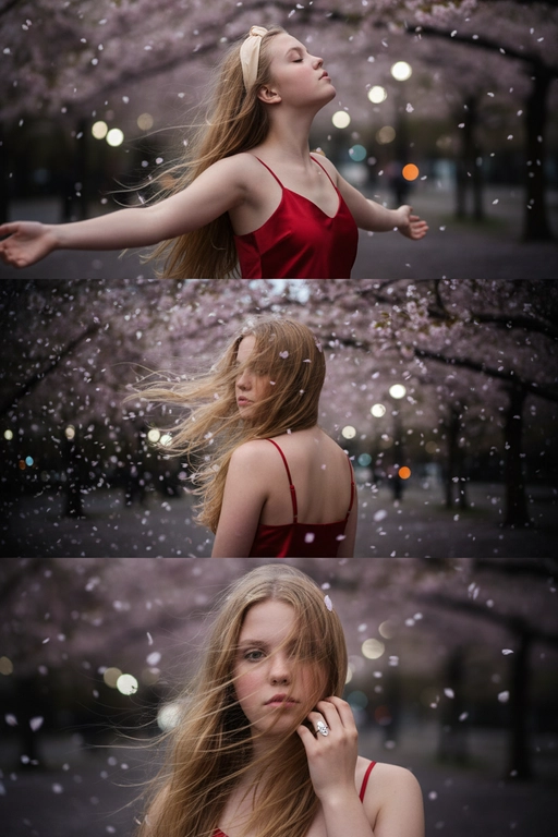 Не меняй черты лица, оставь их точь в точь как на загруженном фото. Фото в стиле триптиха, на котором изображена женщина в ночном городе.

На верхней панели изображена женщина по грудь, в профиль, расположенная в правой части кадра. Она запрокинула голову назад и закрыв глаза будто смотрит в небо разведя руки в стороны. Ее волосы развеваются на ветру закрывая лицо. На заднем плане ночной город полный ярких фонарей, где спокойно и нет людей, в небе развиваются от ветра листья сакуры . 

На средней панели изображена всё та же женщина со спины, смотрящая в кадр. На фоне все усыпано лепестками сакуры и они почти полностью перекрывают ночной город. Её волосы сильно развеваются на ветру в них запутались лепестки сакуры . 

На заднем плане нижней панели, крупным планом, изображено лицо всё той же женщины, частично скрытое развевающимися на ветру волосами в них немного лепестков сакуры, которая смотрит прямо на зрителя. Правой рукой она придерживает волосы, демонстрируя белое обручальное кольцо. 

Ночной Город и небо создают нейтральный, угрюмый фон для фотографии в натуралистическом стиле и при мягком освещении. Использовать лицо с фото на 100% , не изменяя черты лица. На девушке - красное атласное платье на бретельках.