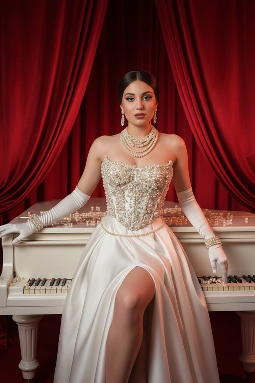 Используйте черты лица, как на прилагаемой фотографии. Высокая мода, гламурная редакционная фотография: элегантная женщина сидит на белом рояле в красной студии с красными бархатными шторами, в наряде из белой сатиновой юбки с разрезом на бедре и множества жемчужных бус — корсет, расшитый жемчугом, многослойные ожерелья, жемчужные браслеты и цепочка на талии, длинные белые сатиновые перчатки. На ушах сережки с бриллиантом. Прическа с укладкой - голливудская волна. На рояле рассыпан жемчуг-бусины жемчуга лежат на клавишах, крышке, под роялем.   

Текстуры сатина и жемчуга детализированы, мягкий теплый кинематографичный свет с драматическими тенями и тонкой контровой подсветкой, создающей сияние на тканях и бусах. Вдохновение винтажным гламуром 1950-х, изысканная поза (слегка откинулась назад на рояль, одна рука на клавишах, ноги изящно перекрещены).

Её макияж тщательно проработан:
Глаза: чётко очерченные, ухоженные брови с заметными волосками, тени с лёгким мерцанием, чёткая чёрная подводка для глаз, создающая нежный кошачий взгляд, и идеально распущенные, объёмные ресницы, подчеркивающие каждую ресничку, с лёгким акцентом на нижних ресницах. Во внутреннем уголке глаза выделяется яркий блик. Радужки глаз отражают рассеянный студийный свет с изысканными узорами.
Щёки: лёгкий, растушёванный румянец натурального розового или персикового оттенка, изящно очерченные скулы и интенсивный, почти влажный блик на выступающих частях лица (скулы, переносица, дуга Купидона), создающий эффект увлажненности и сияния. Губы: губы красного цвета с лёгким бликом на дуге Купидона.

Мелкая зернистость пленки, малая глубина резкости (эффект боке), объектив ~50mm, f/1.8, высокое разрешение, стиль фэшн-редакции.