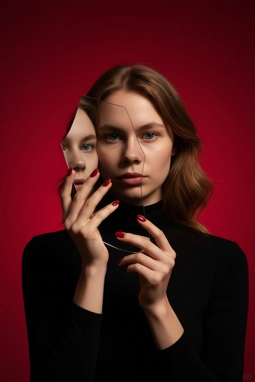 Создай фото для человека на предоставленном фото. Не меняй черты лица. Осколок разбитого зеркала держат изящные руки с длинными красными маникюром, отражая лицо человека. Выражение её лица серьёзное и выразительное. Фон — плавный градиент тёмно-красного цвета для эффектного контраста. Кинематографическое освещение с глубокими тенями, резкий фокус на глазах, сюрреалистичный и художественный стиль модной фотографии.